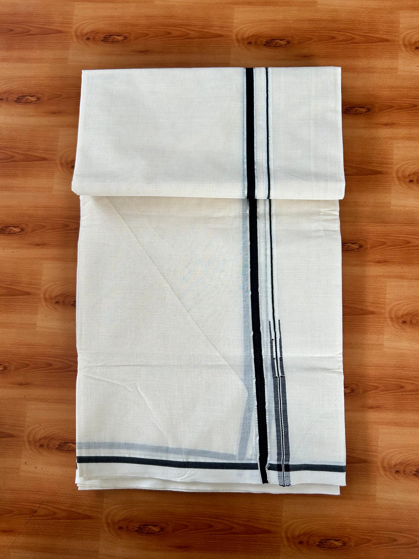 Double Off white Mundu/Dhoti - 20% Discount! KaithariKada 100% Cotton - 100x100 - 0.5 inch Puliyilakkara Silver Kasav & Black Chutty Kara 4 mtr (8.5 muzham) - 12 KK5442 ASH