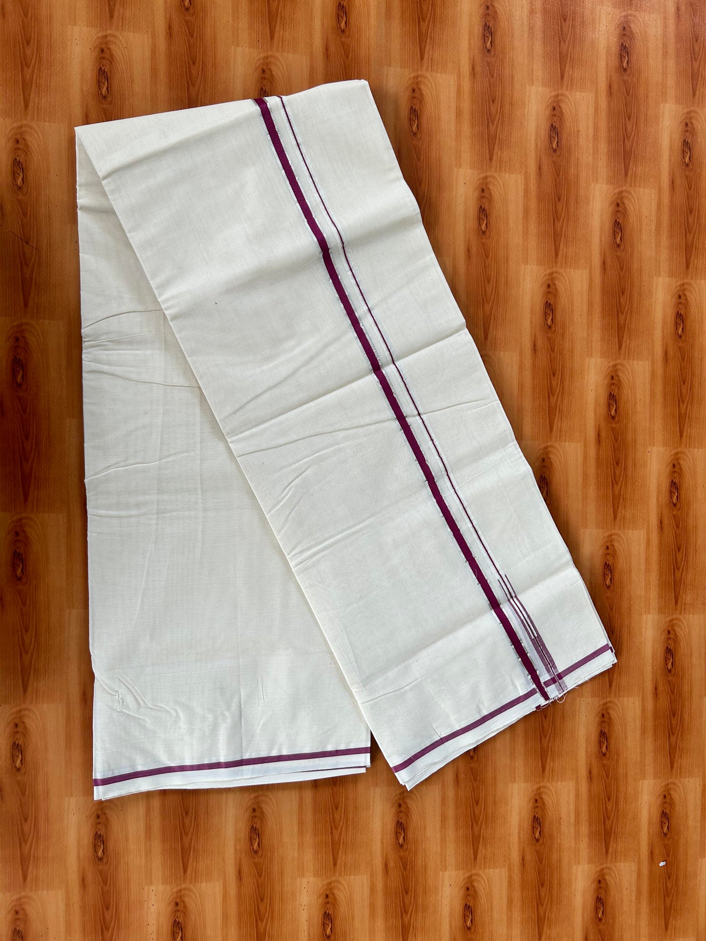 Double Off white Mundu/Dhoti - 20% Discount! KaithariKada 100% Cotton - 100x100 - 0.5 inch Puliyilakkara Silver Kasav & Magenta Chutty Kara 4 mtr (8.5 muzham) - 13 KK5442 ASH