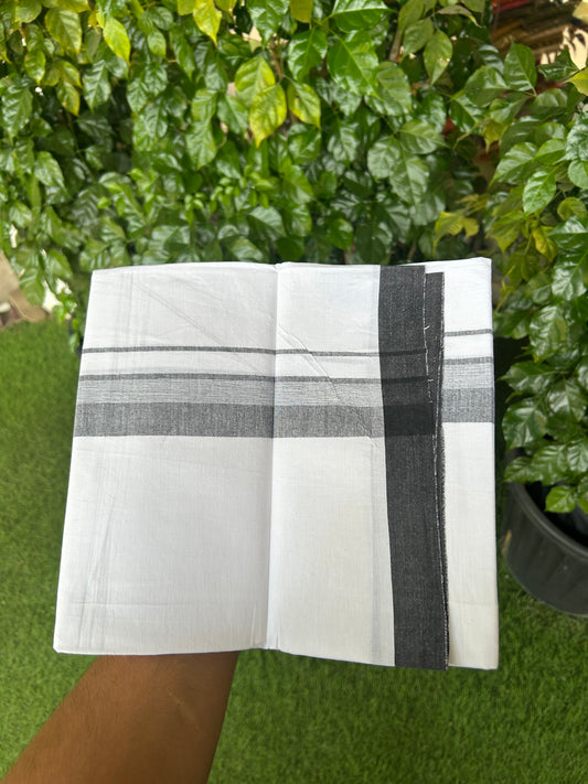 KaithariKada Balaramapuram 100% Cotton Single Pure White Mundu/Dhoti - (40s) - 1.5 inch Black Shaded Stripes kara 2 mtr (4 muzham) - 64 KK5359 THI