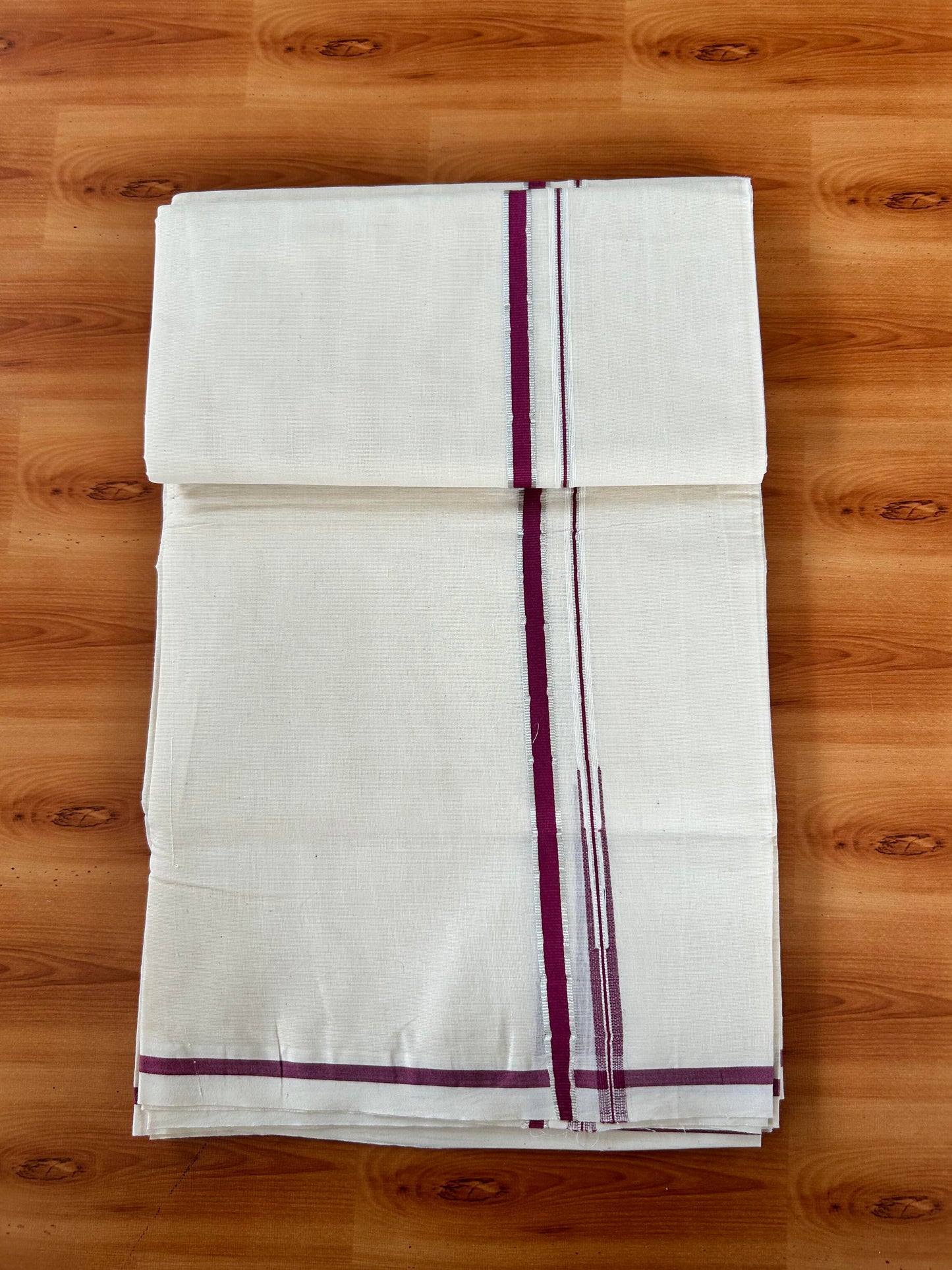 Double Off white Mundu/Dhoti - 20% Discount! KaithariKada 100% Cotton - 100x100 - 0.5 inch Puliyilakkara Silver Kasav & Magenta Chutty Kara 4 mtr (8.5 muzham) - 13 KK5442 ASH