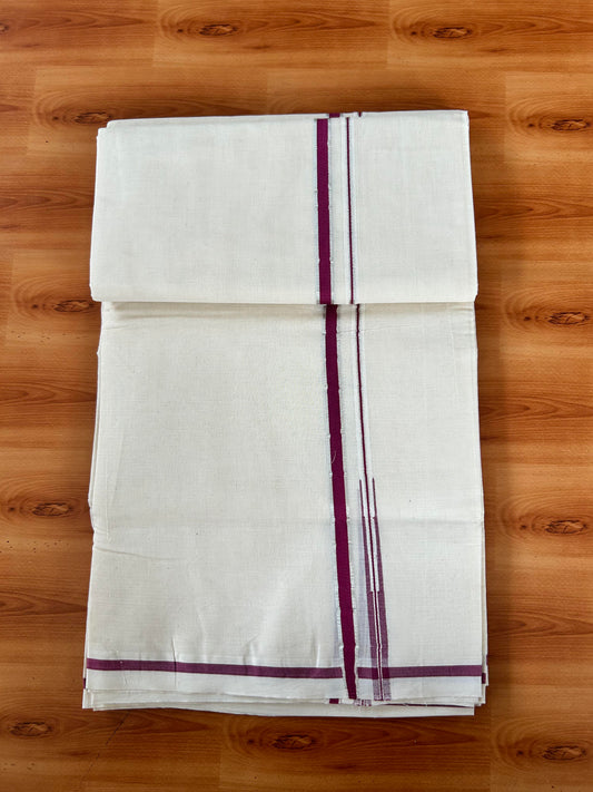 Double Off white Mundu/Dhoti - 20% Discount! KaithariKada 100% Cotton - 100x100 - 0.5 inch Puliyilakkara Silver Kasav & Magenta Chutty Kara 4 mtr (8.5 muzham) - 13 KK5442 ASH