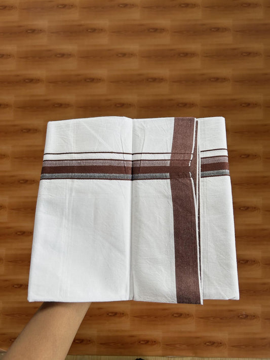 Single Mundu/Dhoti  - Pure White - 29% Discount !! KaithariKada Balaramapuram 100% Cotton - Twisted 60s Thread - 0.5 Cm  Black & Chocolate Brown Shaded Striped Kara (2 meter / 4 muzham) - 54 KK5393 GL