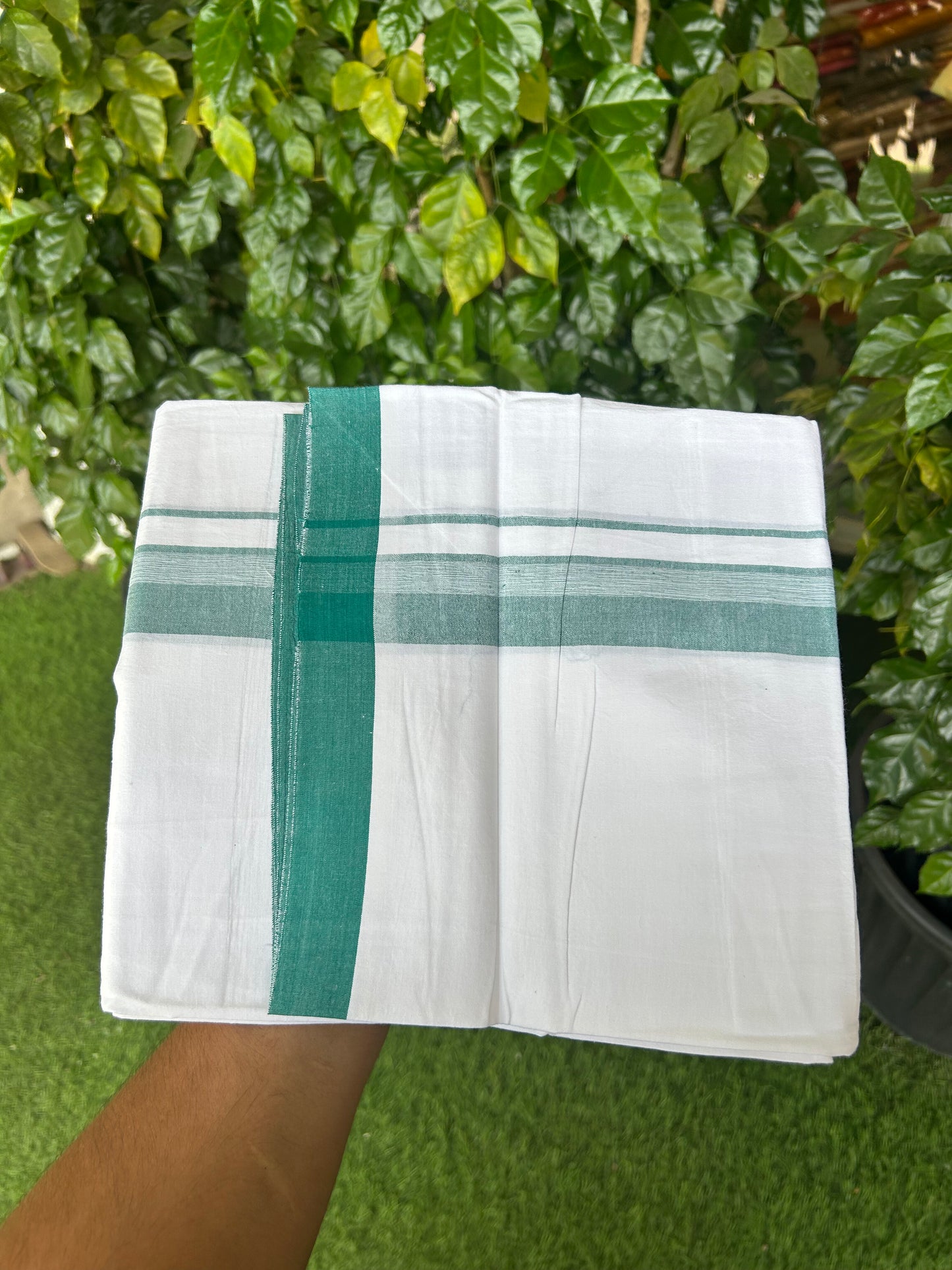 KaithariKada Balaramapuram 100% Cotton Single Pure White Mundu/Dhoti - (40s) - 1.5 inch Teal Green Shaded Stripes kara 2 mtr (4 muzham) - 58 KK5359 THI