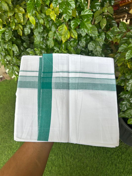 KaithariKada Balaramapuram 100% Cotton Single Pure White Mundu/Dhoti - (40s) - 1.5 inch Teal Green Shaded Stripes kara 2 mtr (4 muzham) - 58 KK5359 THI