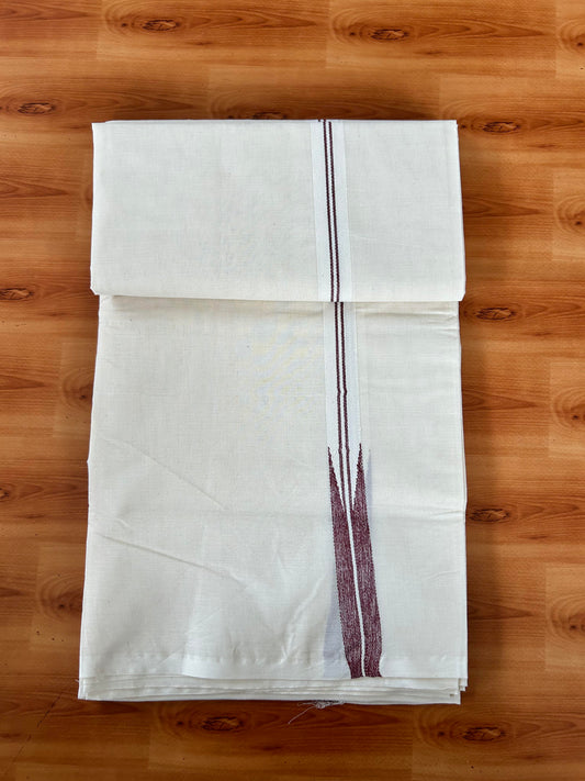 Double Off white Mundu/Dhoti - 20% Discount! KaithariKada Balaramapuram 100% Cotton - 100x100 - 1 inch Puliyilakkara Silver Kasav & Maroon Shaded Chutty Kara 4 mtr (8.5 muzham) - 7 KK5442 ASH
