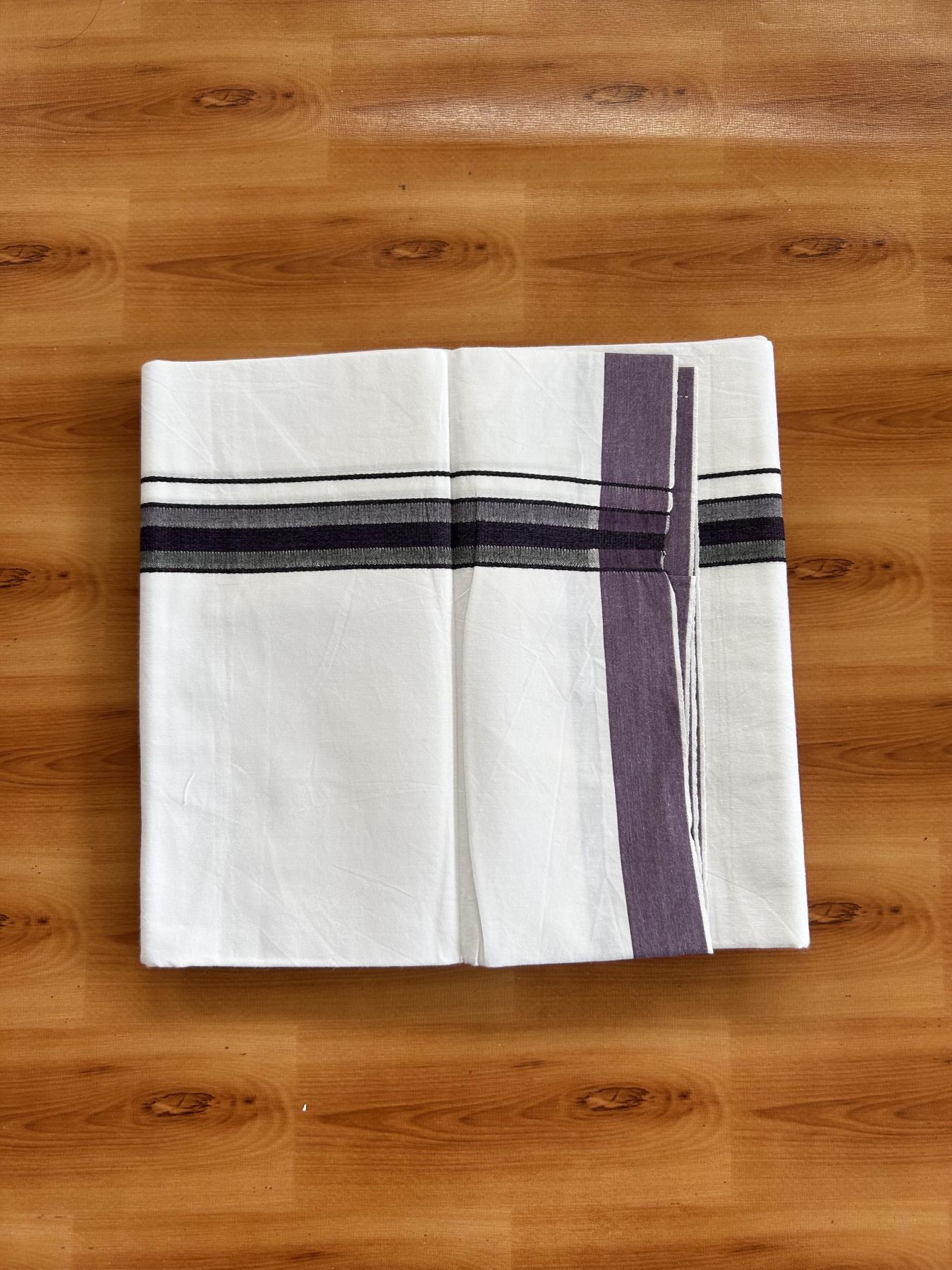 Single Mundu/Dhoti  - Pure White - 29% Discount !! KaithariKada Balaramapuram 100% Cotton - Twisted 60s Thread - 0.5 Cm  Black & Purple Shaded Striped Kara (2 meter / 4 muzham) - 53 KK5393 GL