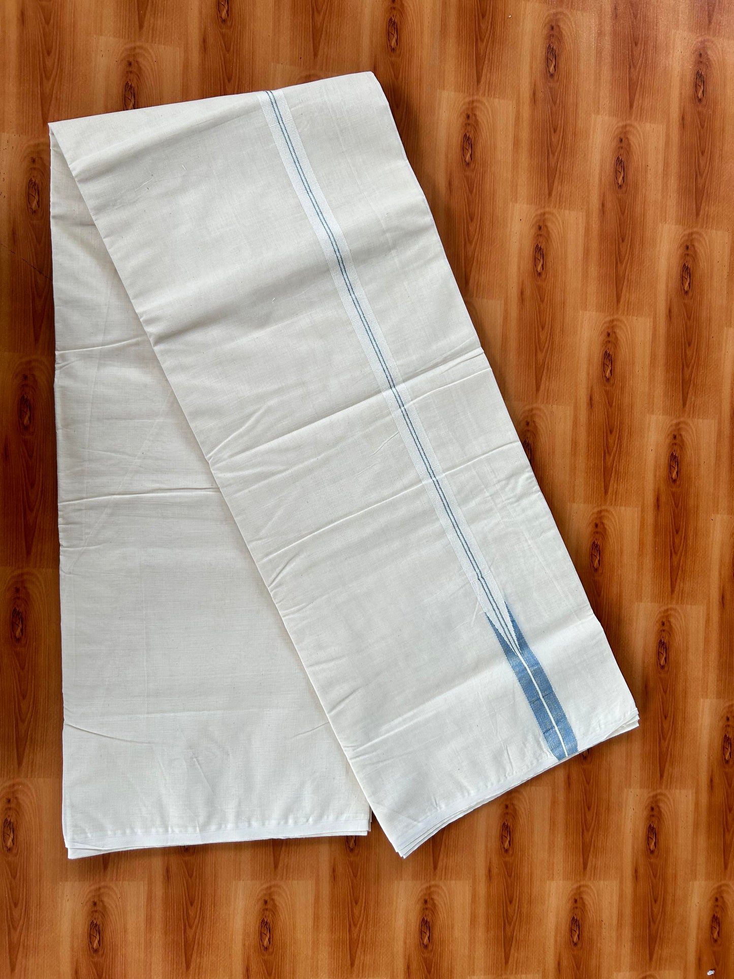 Double Off white Mundu/Dhoti - 20% Discount! KaithariKada Balaramapuram 100% Cotton - 100x100 - 1 inch Puliyilakkara Gold Kasav & Light Blue Shaded Chutty Kara 4 mtr (8.5 muzham) - 8 KK5442 ASH