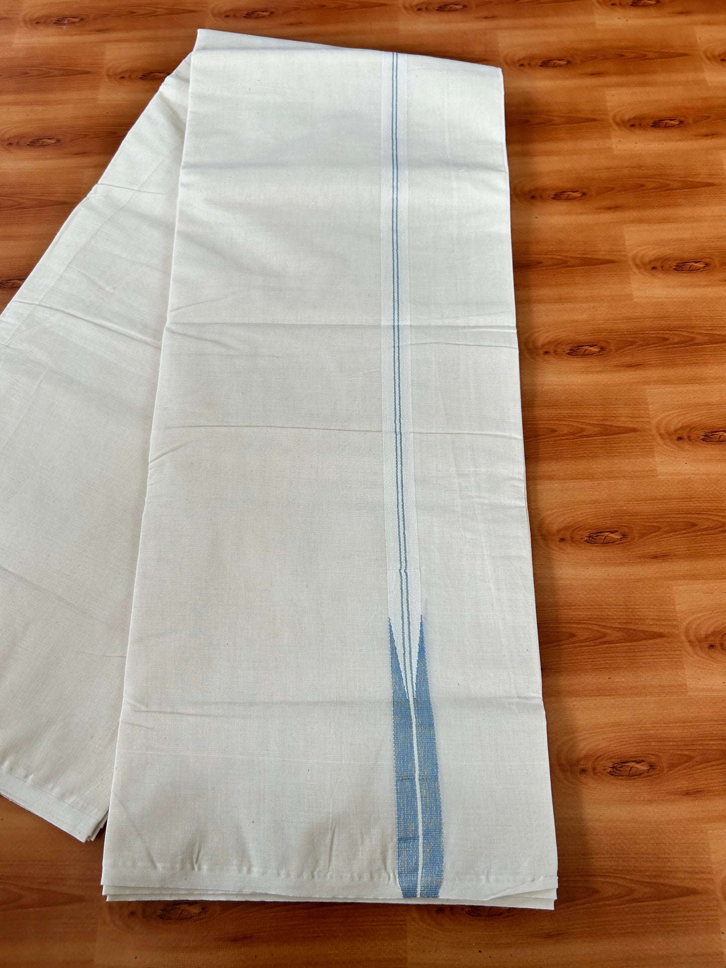 Double Off white Mundu/Dhoti - 20% Discount! KaithariKada Balaramapuram 100% Cotton - 100x100 - 1 inch Puliyilakkara Gold Kasav & Light Blue Shaded Chutty Kara 4 mtr (8.5 muzham) - 8 KK5442 ASH