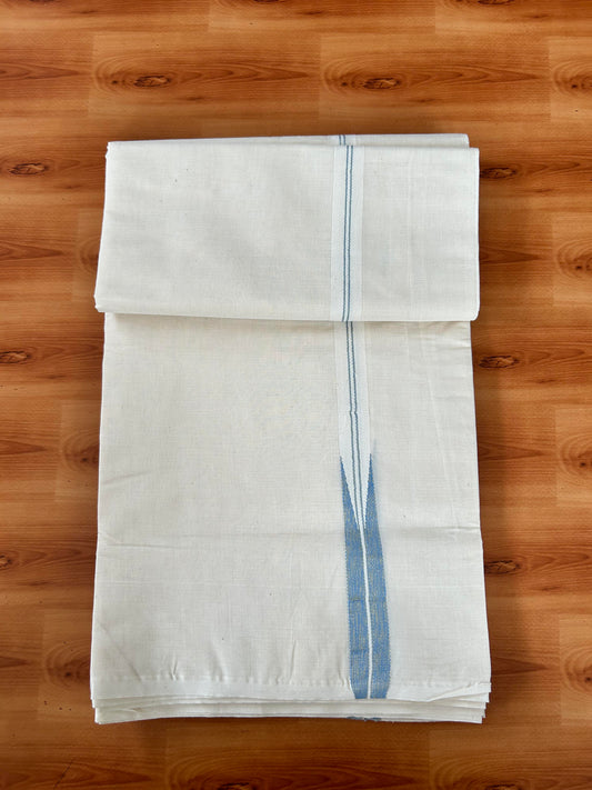 Double Off white Mundu/Dhoti - 20% Discount! KaithariKada Balaramapuram 100% Cotton - 100x100 - 1 inch Puliyilakkara Gold Kasav & Light Blue Shaded Chutty Kara 4 mtr (8.5 muzham) - 8 KK5442 ASH