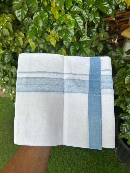 KaithariKada Balaramapuram 100% Cotton Single Pure White Mundu/Dhoti - (40s) - 1.5 inch Light Blue Shaded Stripes kara 2 mtr (4 muzham) - 51 KK5359 THI