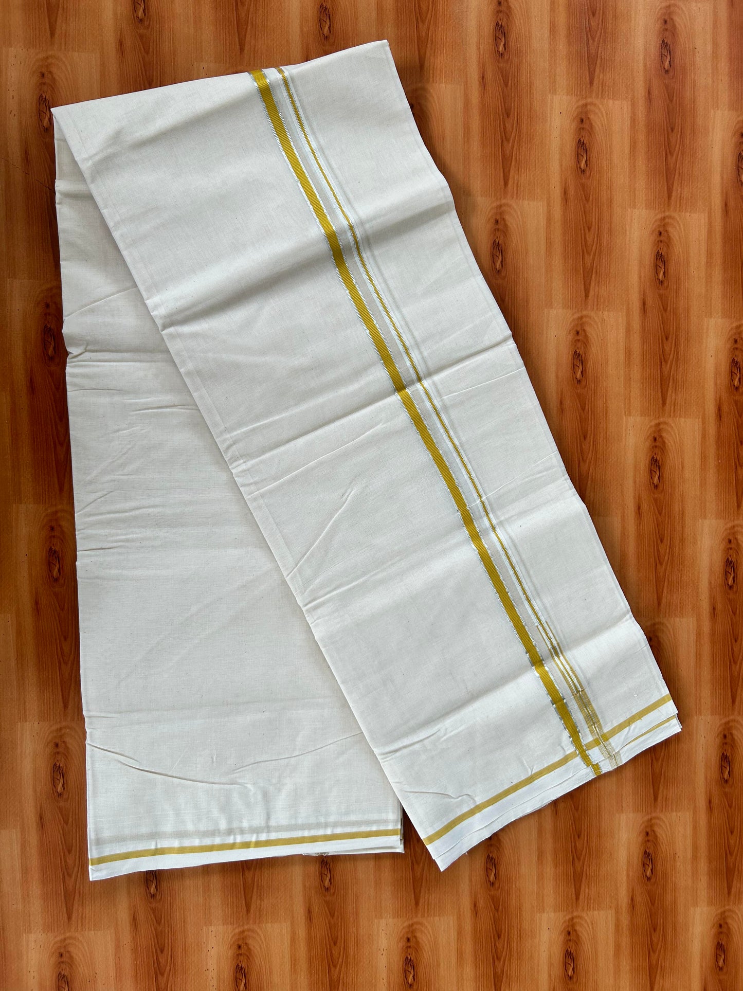 Double Off white Mundu/Dhoti - 20% Discount! KaithariKada 100% Cotton - 100x100 - 0.5 inch Puliyilakkara Silver Kasav & Mustard Yellow Chutty Kara 4 mtr (8.5 muzham) - 14 KK5442 ASH