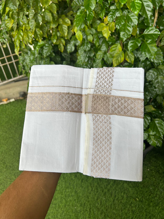 KaithariKada Balaramapuram 100% Cotton Single Pure White Mundu/Dhoti (40s) - 1.5 inch Light Copper silver Kasavu Jacquard kara 2 mtr (4 muzham) - 72 KK5359 THI