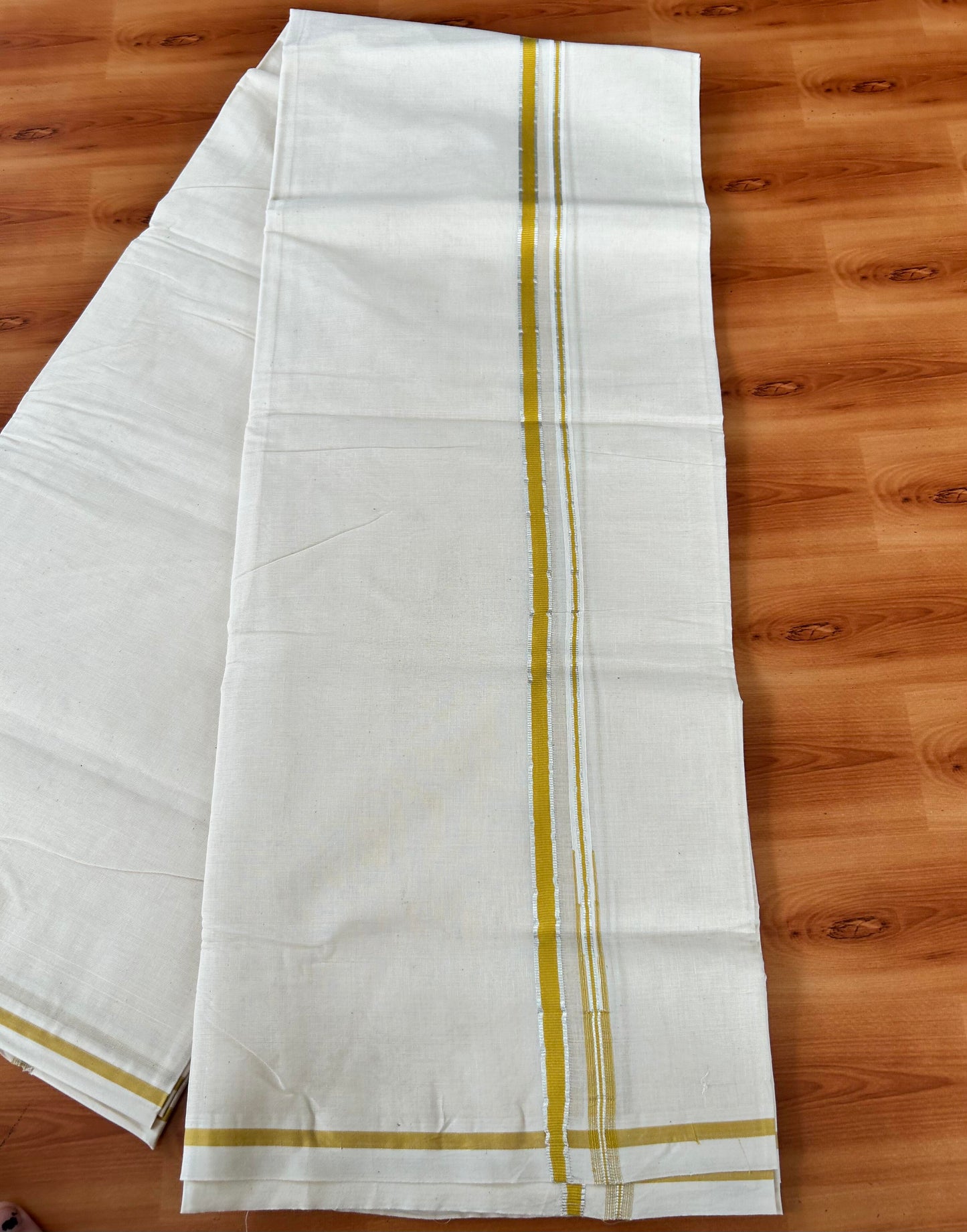Double Off white Mundu/Dhoti - 20% Discount! KaithariKada 100% Cotton - 100x100 - 0.5 inch Puliyilakkara Silver Kasav & Mustard Yellow Chutty Kara 4 mtr (8.5 muzham) - 14 KK5442 ASH