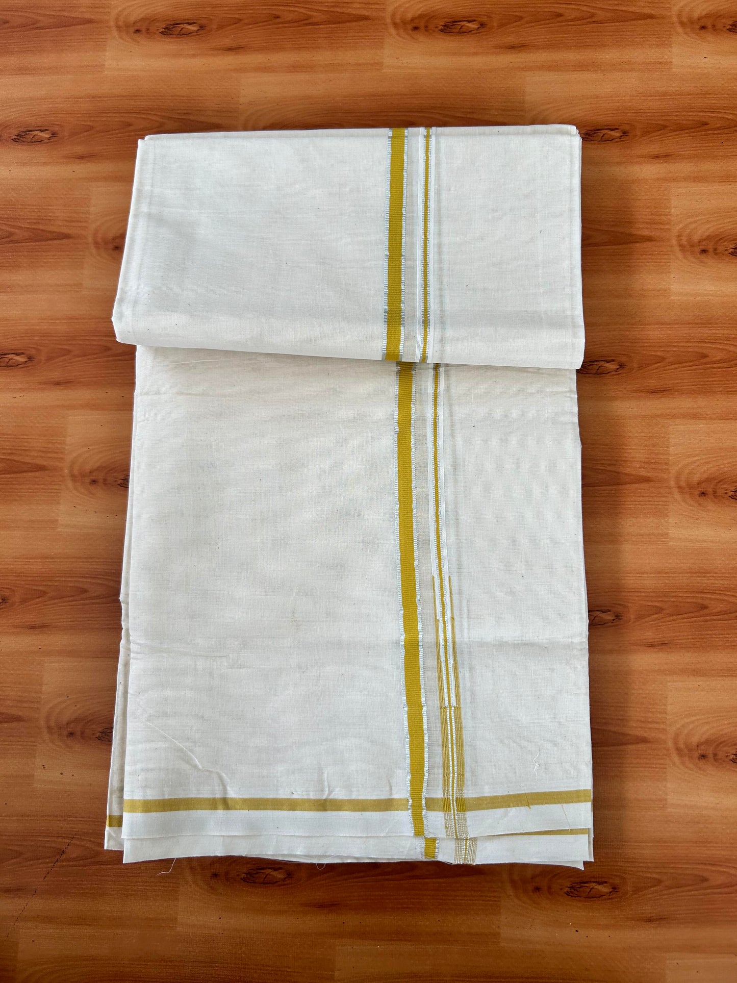 Double Off white Mundu/Dhoti - 20% Discount! KaithariKada 100% Cotton - 100x100 - 0.5 inch Puliyilakkara Silver Kasav & Mustard Yellow Chutty Kara 4 mtr (8.5 muzham) - 14 KK5442 ASH