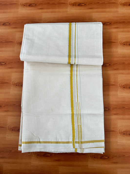 Double Off white Mundu/Dhoti - 20% Discount! KaithariKada 100% Cotton - 100x100 - 0.5 inch Puliyilakkara Silver Kasav & Mustard Yellow Chutty Kara 4 mtr (8.5 muzham) - 14 KK5442 ASH
