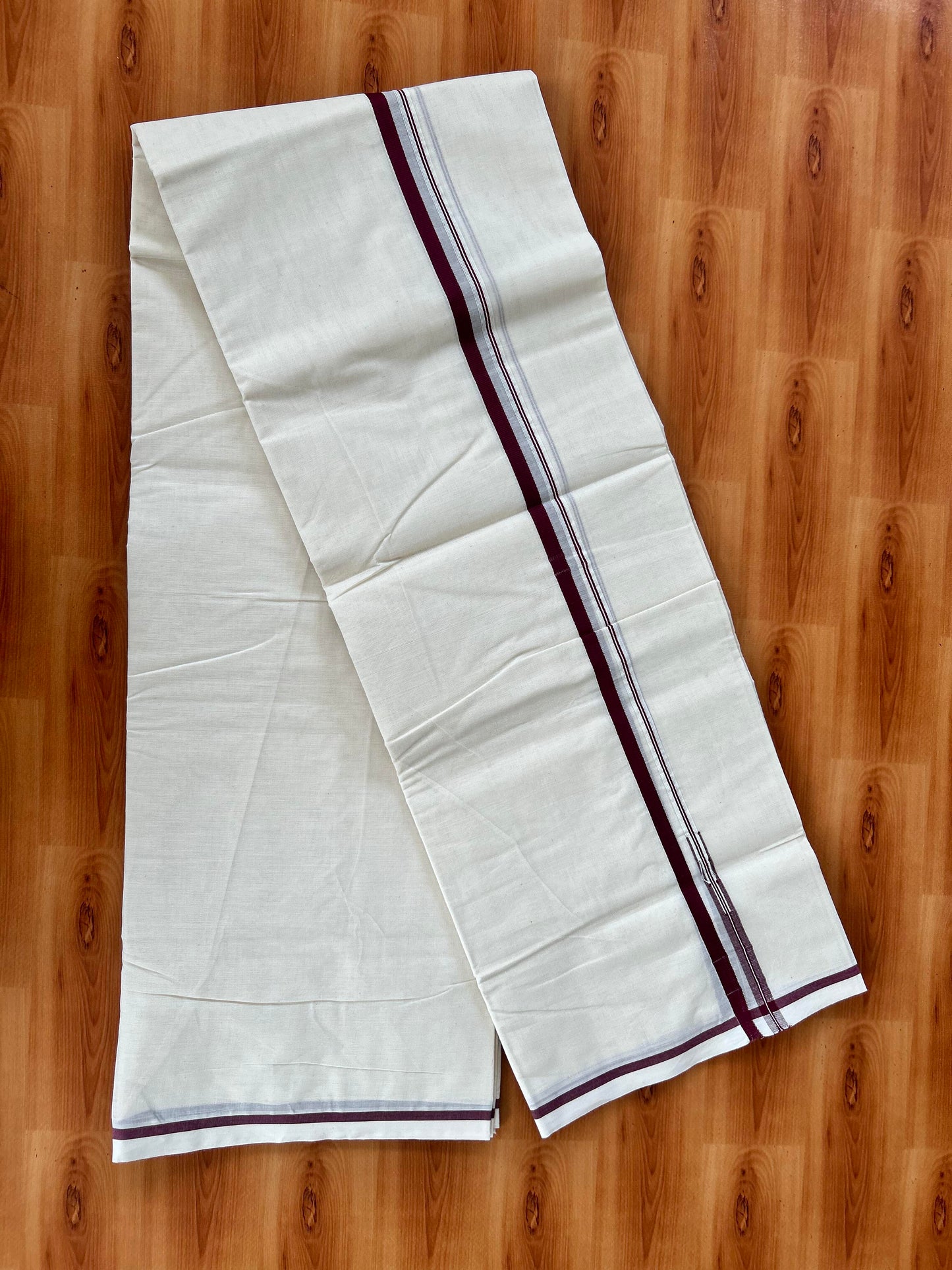Double Off white Mundu/Dhoti - 20% Discount! KaithariKada 100% Cotton - 100x100 - 0.5 inch Puliyilakkara Maroon Chutty Kara 3.75 mtr (8 muzham) - 15 KK5442 ASH
