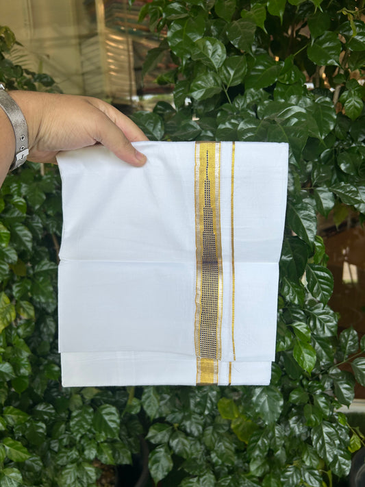 KaithariKada Balaramapuram 100% Cotton Single Pure White Mundu/Dhoti - 80x60 - 1 inch Silver Gold Kasav Navy Blue Striped chutty kara 2 mtr (4 muzham) - 67 KK5359 THI
