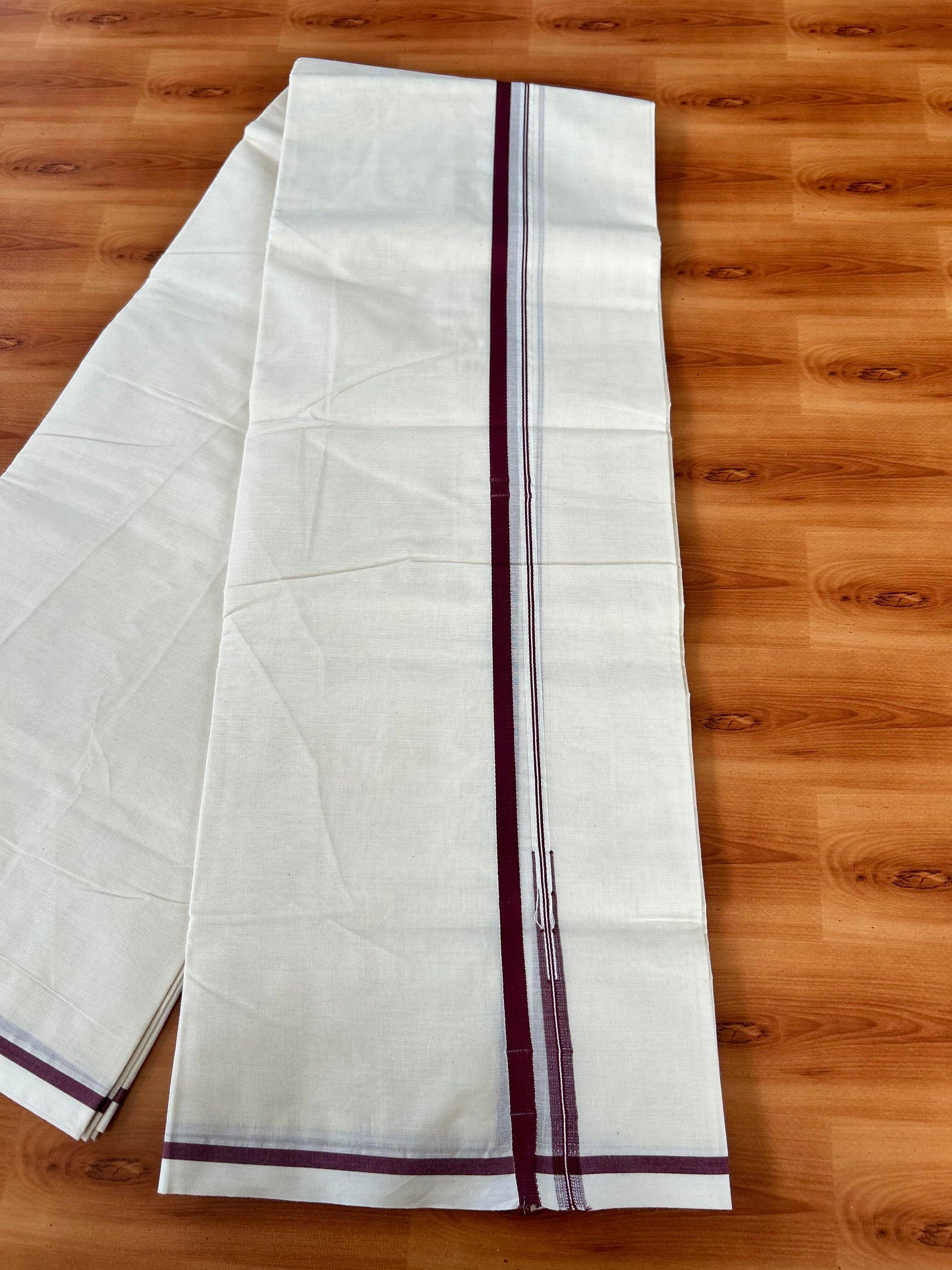 Double Off white Mundu/Dhoti - 20% Discount! KaithariKada 100% Cotton - 100x100 - 0.5 inch Puliyilakkara Maroon Chutty Kara 3.75 mtr (8 muzham) - 15 KK5442 ASH