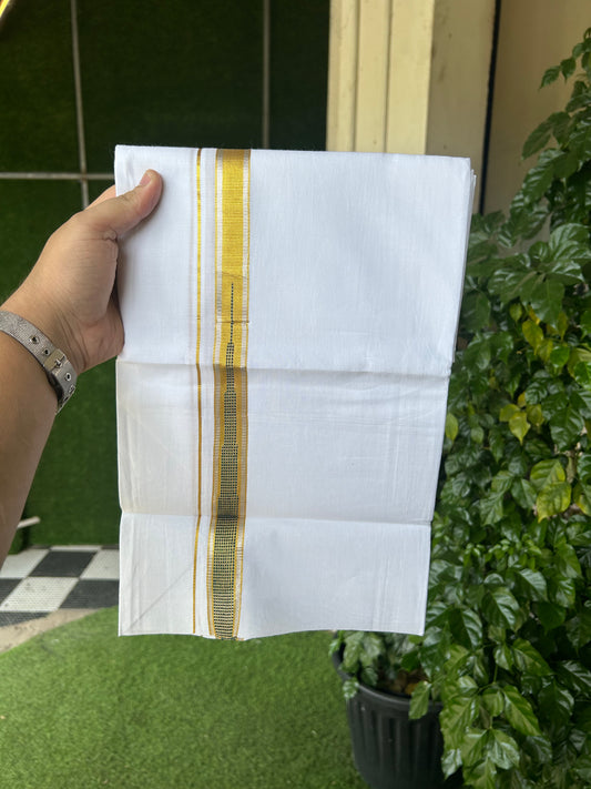 KaithariKada Balaramapuram 100% Cotton Single Pure White Mundu/Dhoti - 80x60  - 1 inch Silver Gold Kasav Green Striped chutty kara 2 mtr (4 muzham) - 71 KK5359 THI