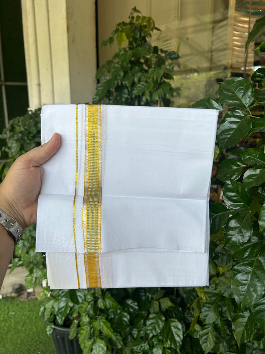 KaithariKada Balaramapuram 100% Cotton Single Pure White Mundu/Dhoti - 80x60 - 1 inch Silver Gold Kasav Light Green Striped chutty kara 2 mtr (4 muzham) - 70 KK5359 THI