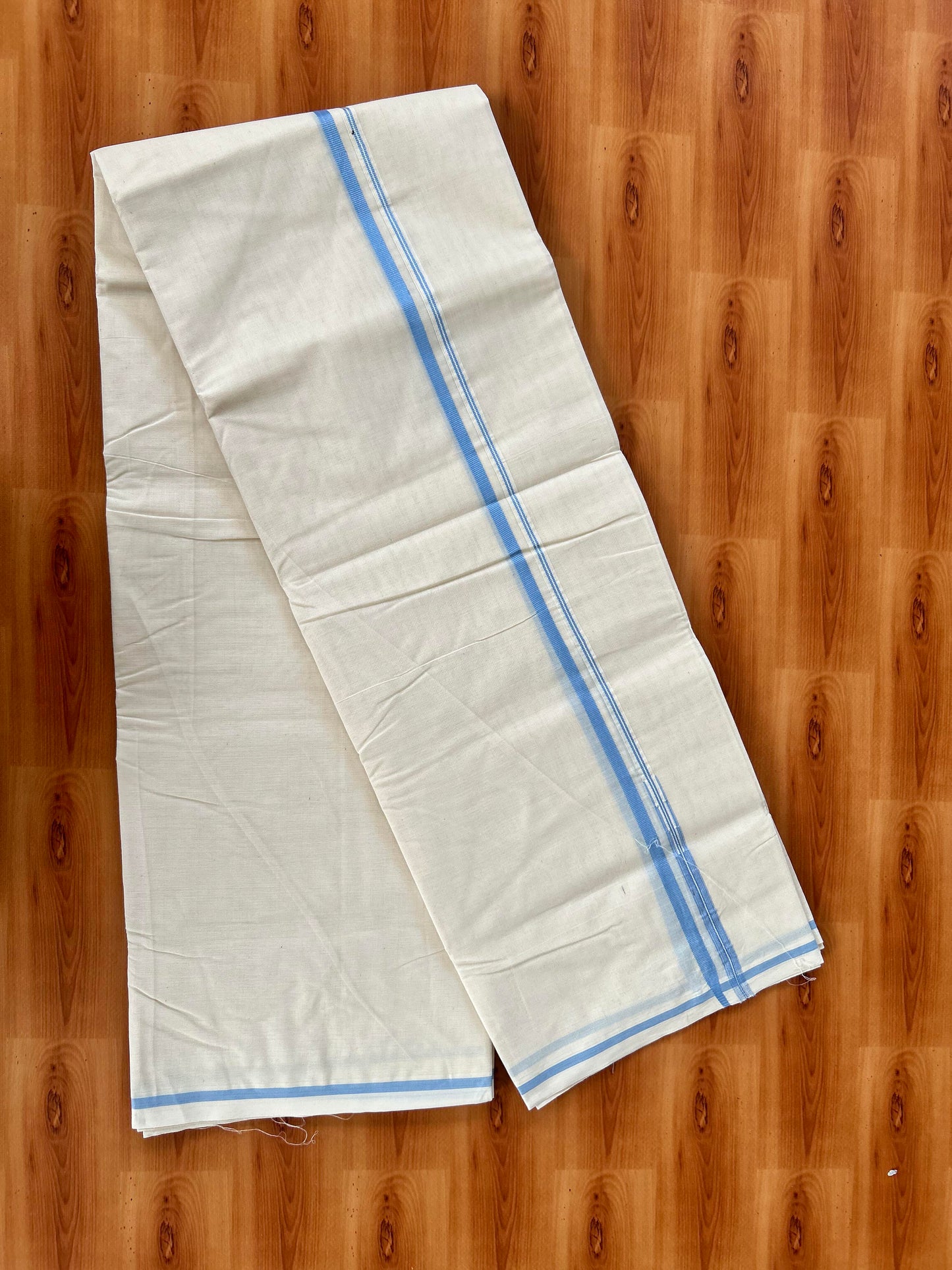 Double Off white Mundu/Dhoti - 20% Discount! KaithariKada 100% Cotton - 100x100 - 0.5 inch Puliyilakkara Light Blue Chutty Kara 3.75 mtr (8 muzham) - 16 KK5442 ASH
