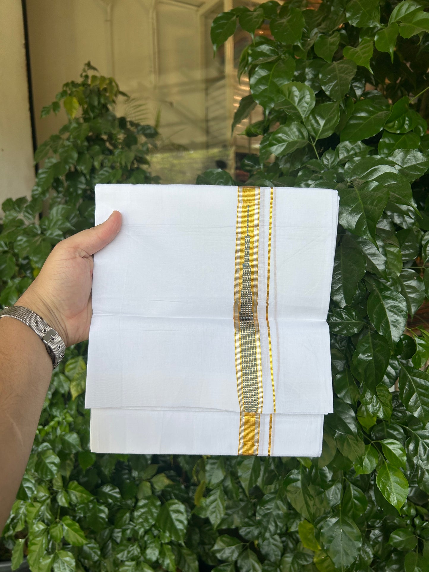 KaithariKada Balaramapuram 100% Cotton Single Pure White Mundu/Dhoti - 80x60 - 1 inch Silver Gold Kasav Greyish Green Striped chutty kara 2 mtr (4 muzham) - 68 KK5359 THI