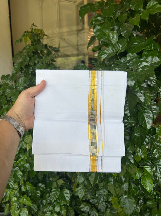 KaithariKada Balaramapuram 100% Cotton Single Pure White Mundu/Dhoti - 80x60 - 1 inch Silver Gold Kasav Greyish Green Striped chutty kara 2 mtr (4 muzham) - 68 KK5359 THI