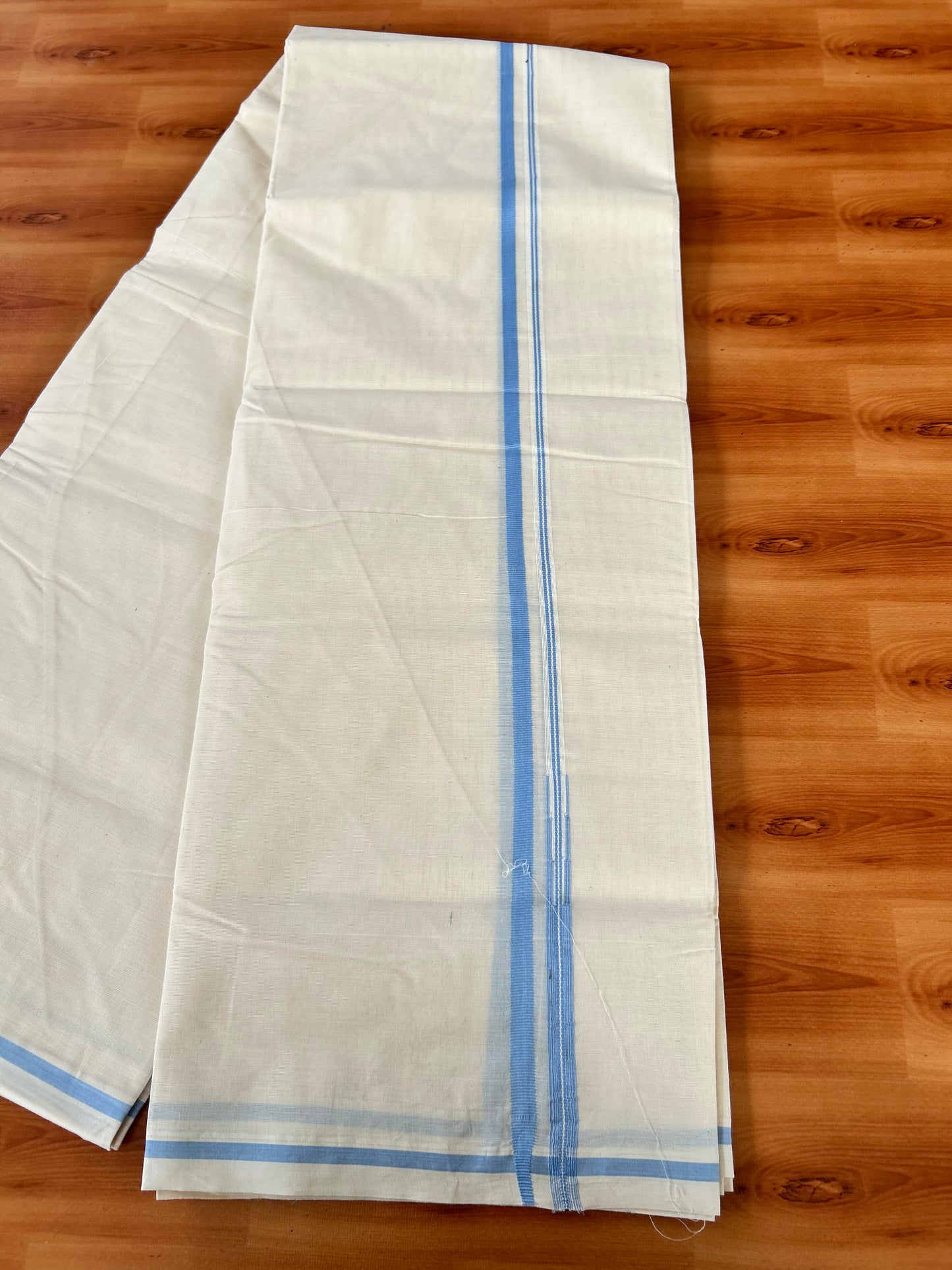 Double Off white Mundu/Dhoti - 20% Discount! KaithariKada 100% Cotton - 100x100 - 0.5 inch Puliyilakkara Light Blue Chutty Kara 3.75 mtr (8 muzham) - 16 KK5442 ASH