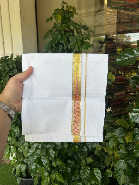 KaithariKada Balaramapuram 100% Cotton Single Pure White Mundu/Dhoti - 80x60 - 1 inch Silver Gold Kasav Pink Striped chutty kara 2 mtr (4 muzham) - 69 KK5359 THI