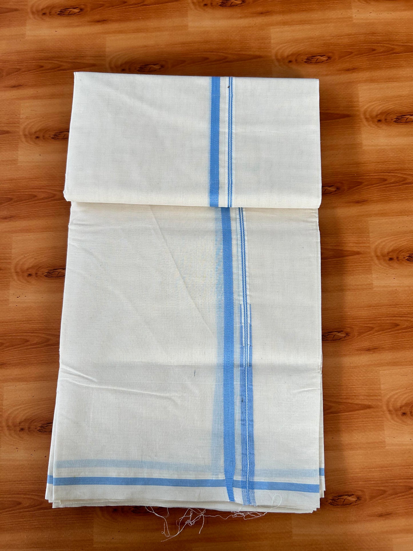 Double Off white Mundu/Dhoti - 20% Discount! KaithariKada 100% Cotton - 100x100 - 0.5 inch Puliyilakkara Light Blue Chutty Kara 3.75 mtr (8 muzham) - 16 KK5442 ASH
