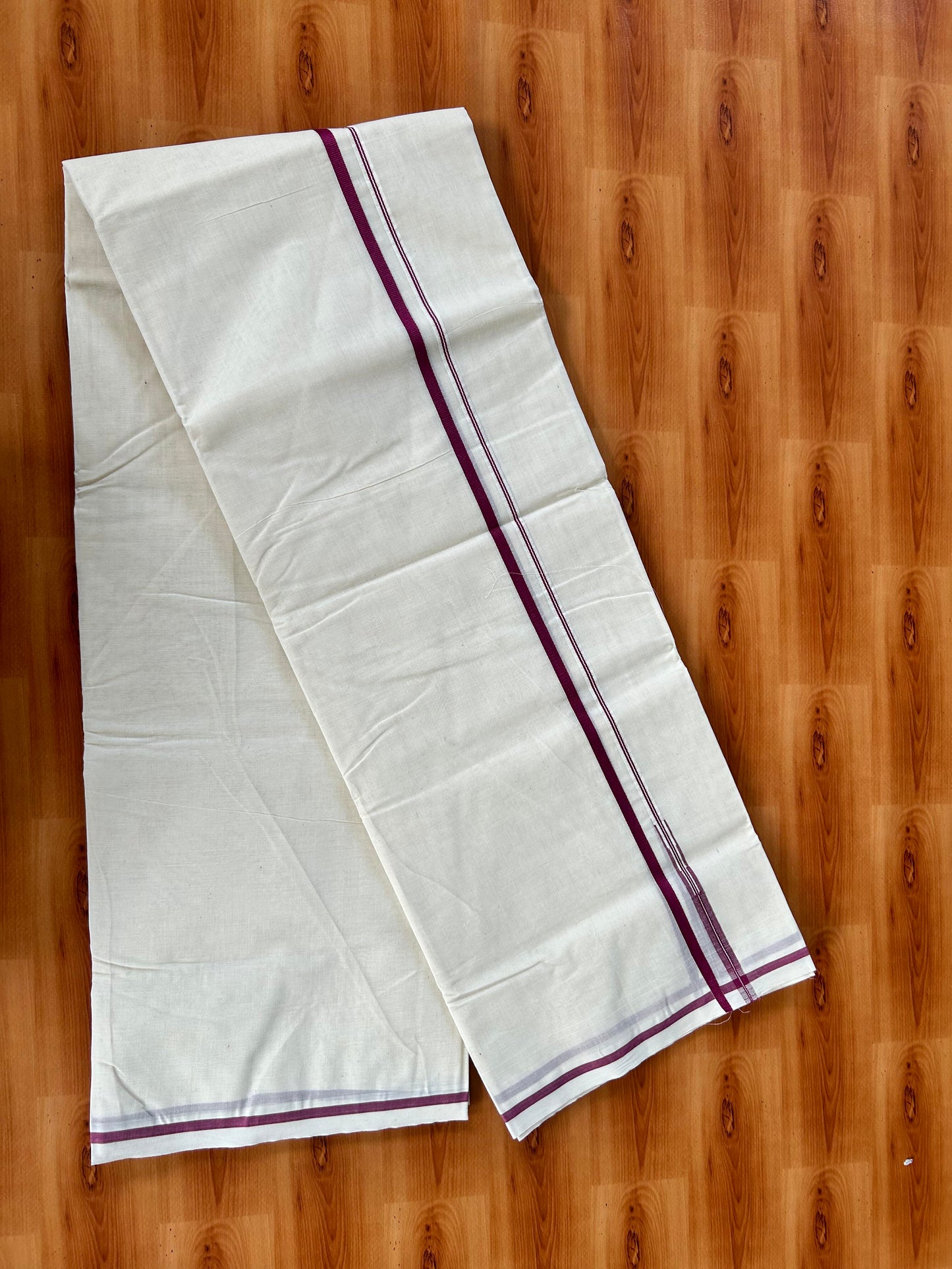 Double Off white Mundu/Dhoti - 20% Discount! KaithariKada 100% Cotton - 100x100 - 0.5 inch Puliyilakkara Magenta Chutty Kara 3.75 mtr (8 muzham) - 17 KK5442 ASH