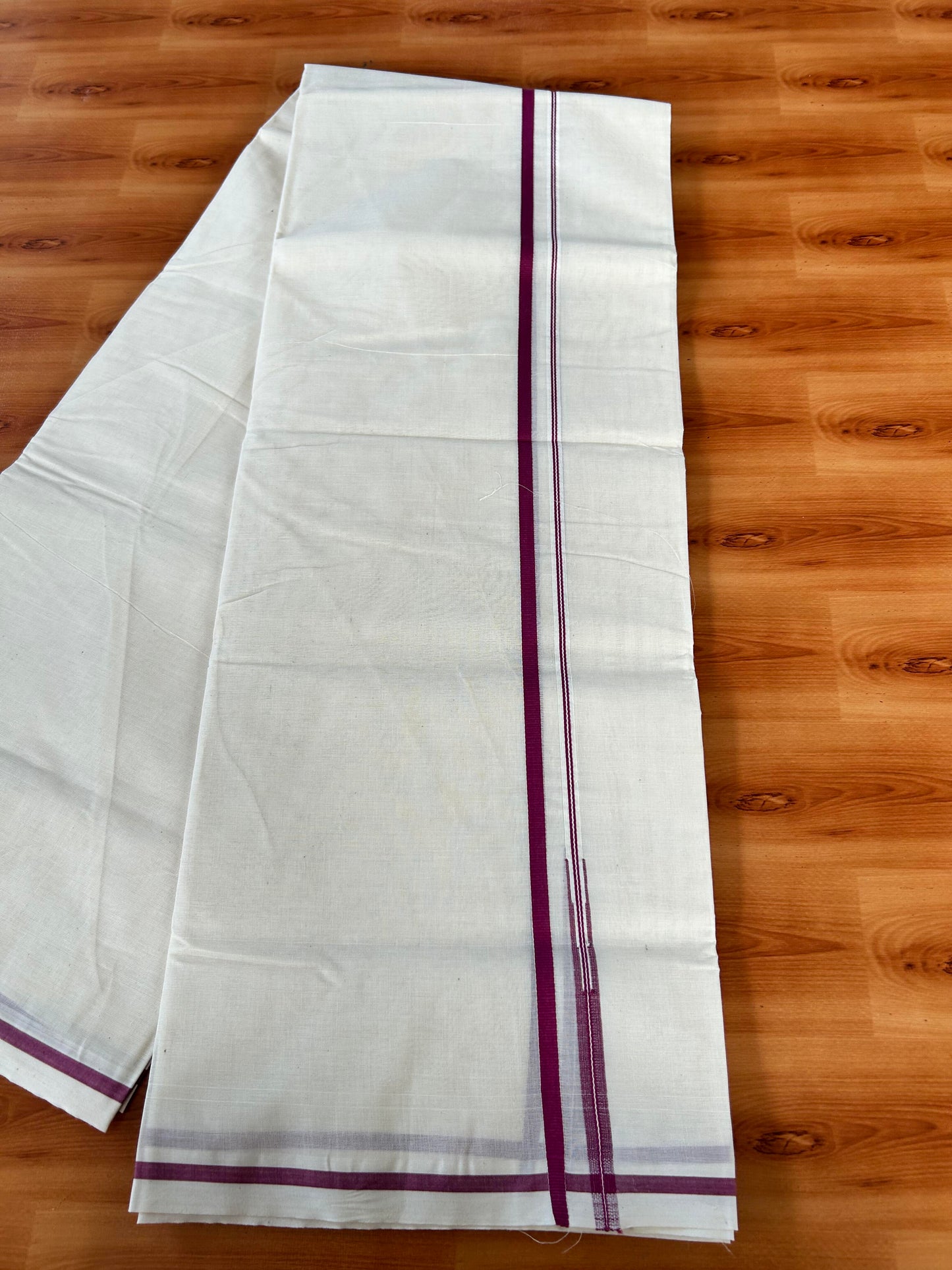 Double Off white Mundu/Dhoti - 20% Discount! KaithariKada 100% Cotton - 100x100 - 0.5 inch Puliyilakkara Magenta Chutty Kara 3.75 mtr (8 muzham) - 17 KK5442 ASH