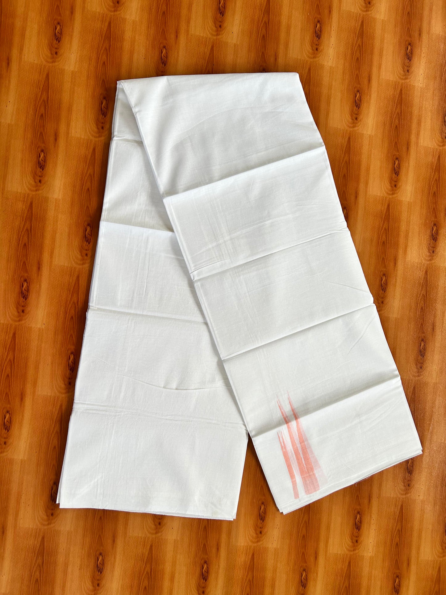 Double Pure White Mundu/Dhoti - 20% Discount !! KaithariKada Balaramapuram 100% Cotton - 100x80 - 1.5 Peach Striped Double Chutty Kara 3.90 mtr (8 muzham) - 7 KK5443 VAS
