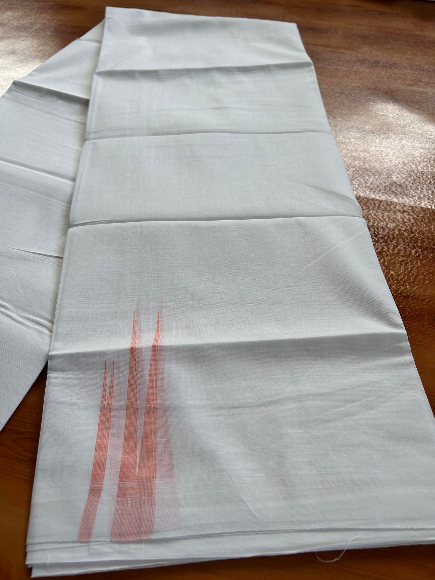 Double Pure White Mundu/Dhoti - 20% Discount !! KaithariKada Balaramapuram 100% Cotton - 100x80 - 1.5 Peach Striped Double Chutty Kara 3.90 mtr (8 muzham) - 7 KK5443 VAS