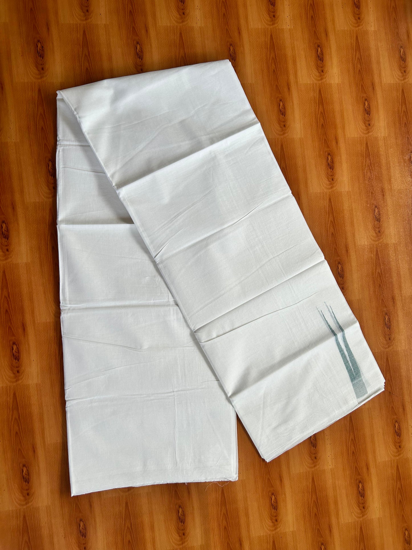 Double Pure White Mundu/Dhoti - 20% Discount !! KaithariKada Balaramapuram 100% Cotton - 100x80 - 0.5 Peacock green Striped Chutty Kara 3.90 mtr (8 muzham) - 15 KK5443 VAS