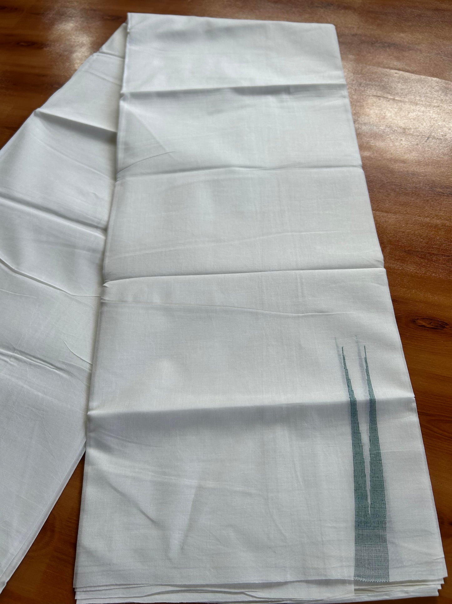 Double Pure White Mundu/Dhoti - 20% Discount !! KaithariKada Balaramapuram 100% Cotton - 100x80 - 0.5 Peacock green Striped Chutty Kara 3.90 mtr (8 muzham) - 15 KK5443 VAS