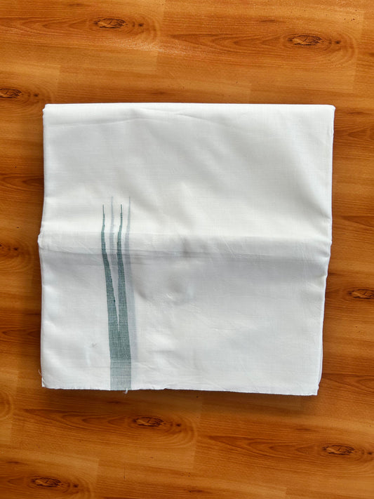Double Pure White Mundu/Dhoti - 20% Discount !! KaithariKada Balaramapuram 100% Cotton - 100x80 - 0.5 Peacock green Striped Chutty Kara 3.90 mtr (8 muzham) - 15 KK5443 VAS