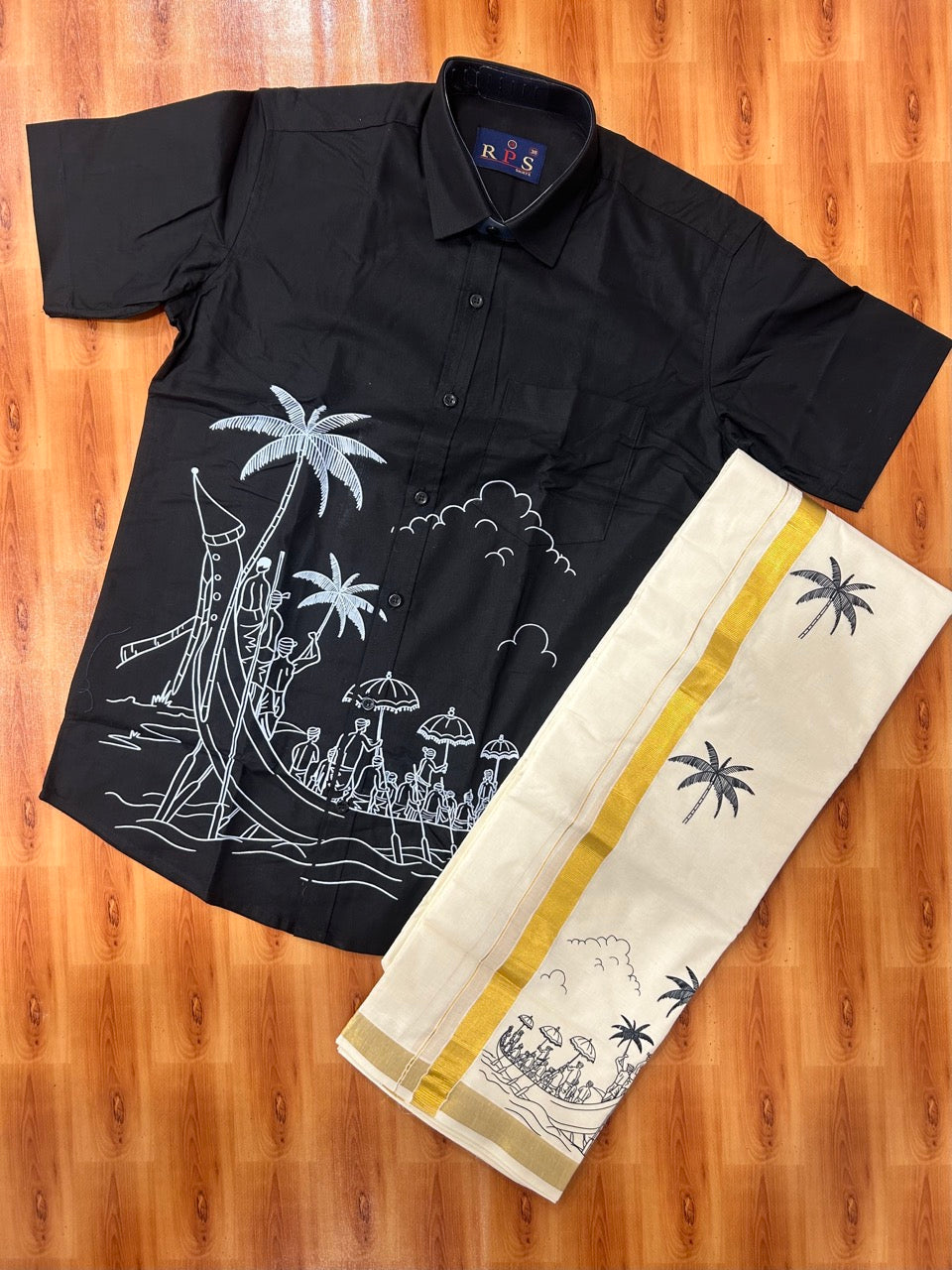 Vallamkali Silk Combo Shirt Mund Mixed Material - Half Sleeve - KaithariKada - Black Printed Vallamkali Design - 2 KK7051 ARU