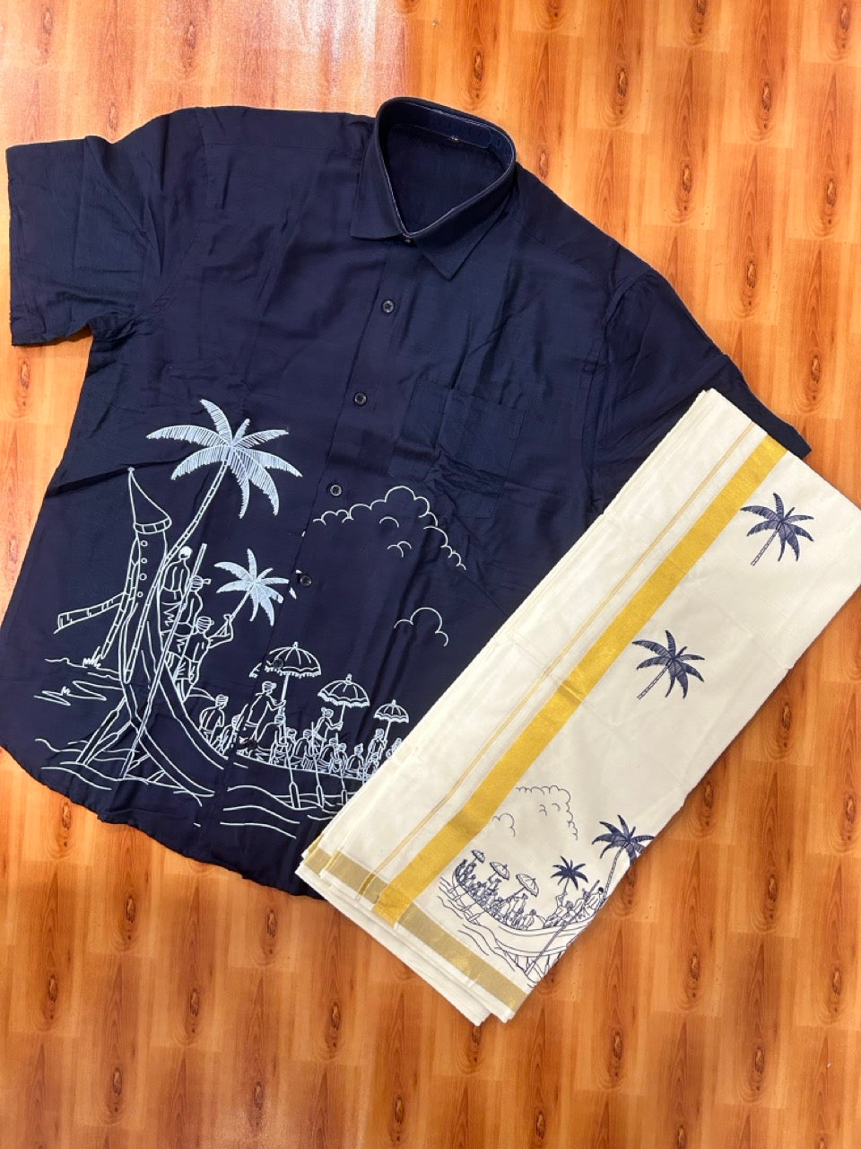 Vallamkali Silk Combo Shirt Mund Mixed Material - Half Sleeve - KaithariKada - Navy Blue Printed Vallamkali Design - 4 KK7051 ARU