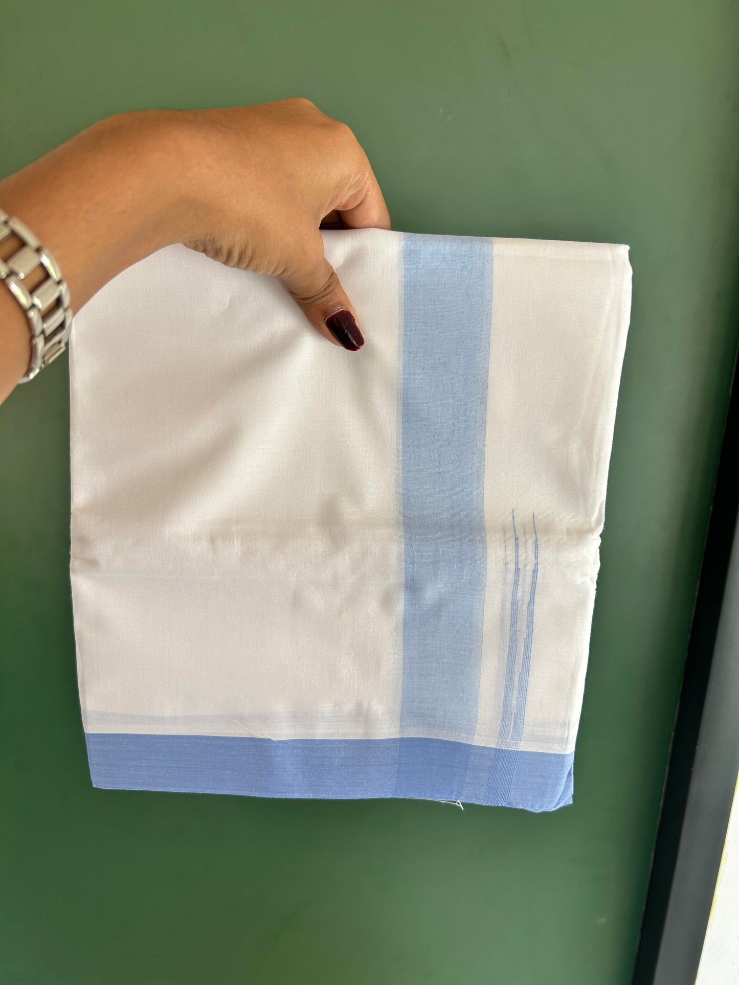 Double Pure White Mundu/Dhoti - 20% Discount !! KaithariKada Balaramapuram 100% Cotton - 100x80 - 1.5 inch Powder Blue Puliyilakkara Chutty Kara 3.90 mtr (8 muzham) - 4 KK5443 VAS