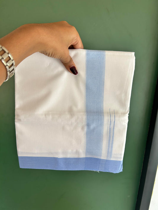 Double Pure White Mundu/Dhoti - 20% Discount !! KaithariKada Balaramapuram 100% Cotton - 100x80 - 1.5 inch Powder Blue Puliyilakkara Chutty Kara 3.90 mtr (8 muzham) - 4 KK5443 VAS