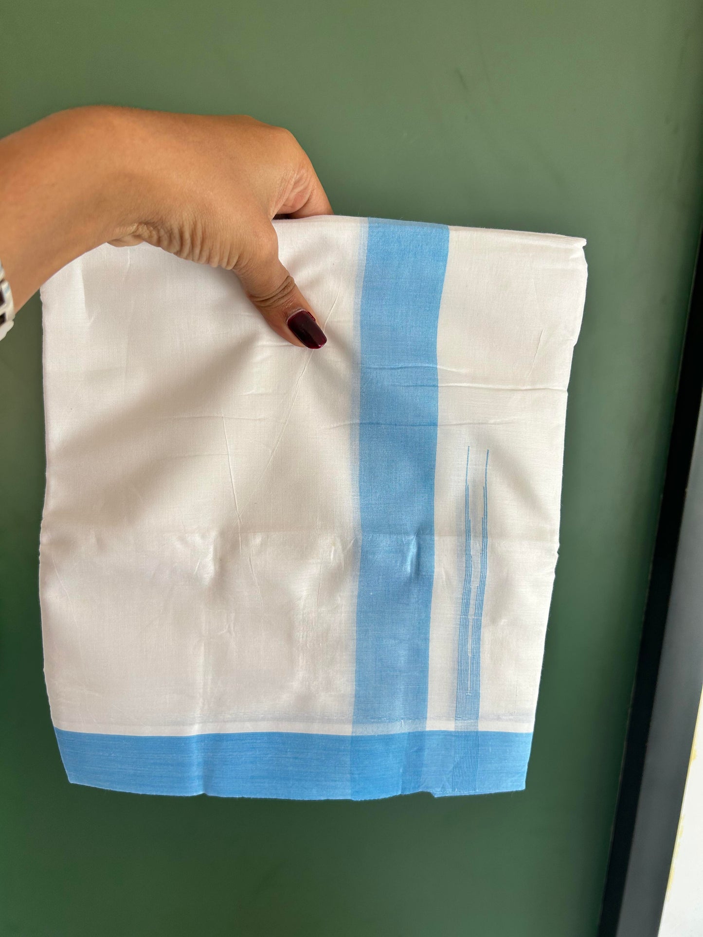 Double Pure White Mundu/Dhoti - 20% Discount !! KaithariKada Balaramapuram 100% Cotton - 100x80 - 1.5 inch Light Blue Puliyilakkara Chutty Kara 3.90 mtr (8 muzham) - 2 KK5443 VAS