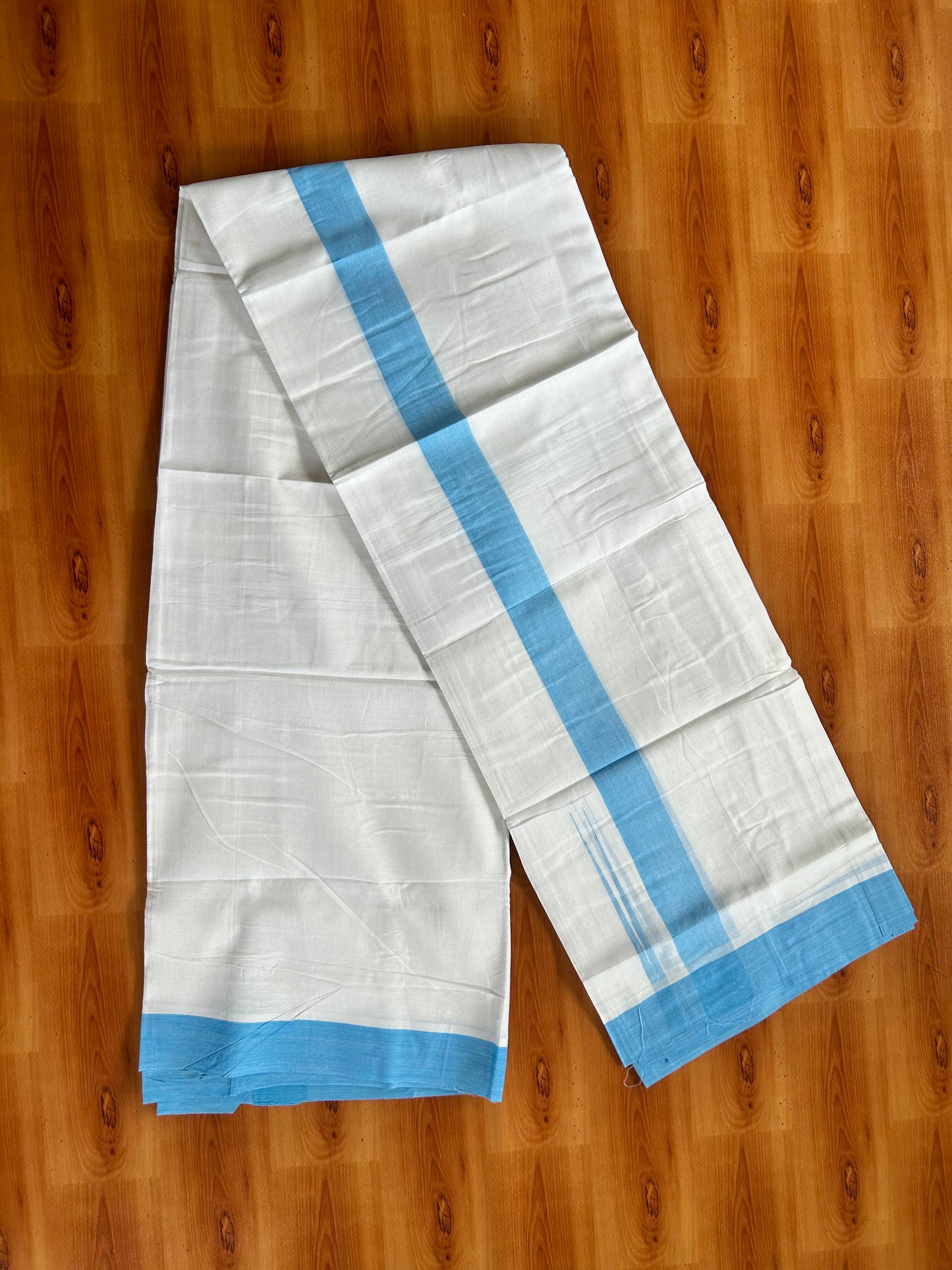 Double Pure White Mundu/Dhoti - 20% Discount !! KaithariKada Balaramapuram 100% Cotton - 100x80 - 1.5 inch Light Blue Puliyilakkara Chutty Kara 3.90 mtr (8 muzham) - 2 KK5443 VAS