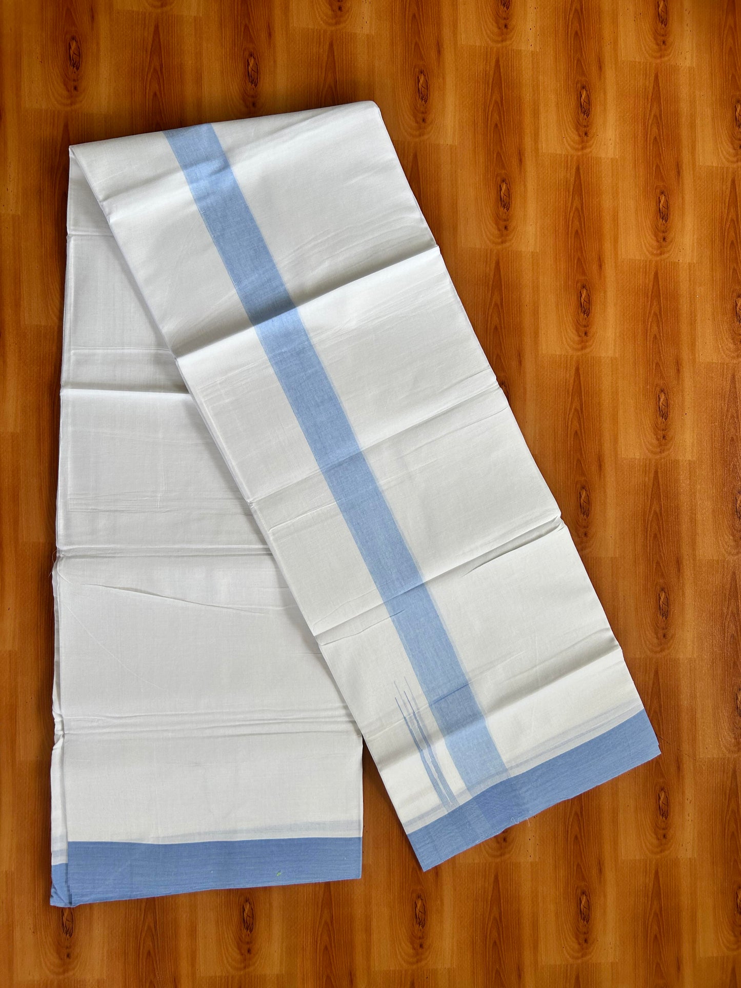 Double Pure White Mundu/Dhoti - 20% Discount !! KaithariKada Balaramapuram 100% Cotton - 100x80 - 1.5 inch Powder Blue Puliyilakkara Chutty Kara 3.90 mtr (8 muzham) - 4 KK5443 VAS