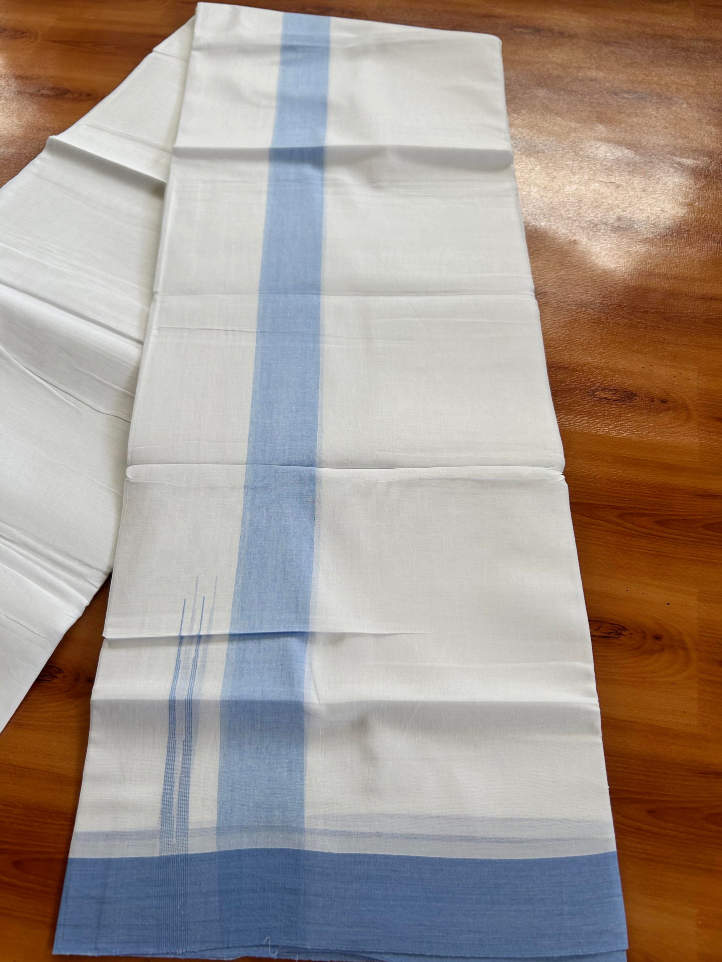 Double Pure White Mundu/Dhoti - 20% Discount !! KaithariKada Balaramapuram 100% Cotton - 100x80 - 1.5 inch Powder Blue Puliyilakkara Chutty Kara 3.90 mtr (8 muzham) - 4 KK5443 VAS