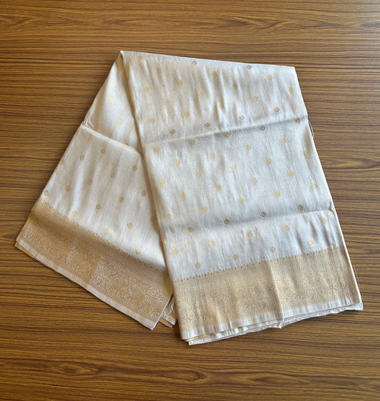 Kaitharikada Traditional Kerala Saree - Kasav Tissue - 18.5 inch Kasavu Kara Gold Flower Embroidery - 5KK1000KAN