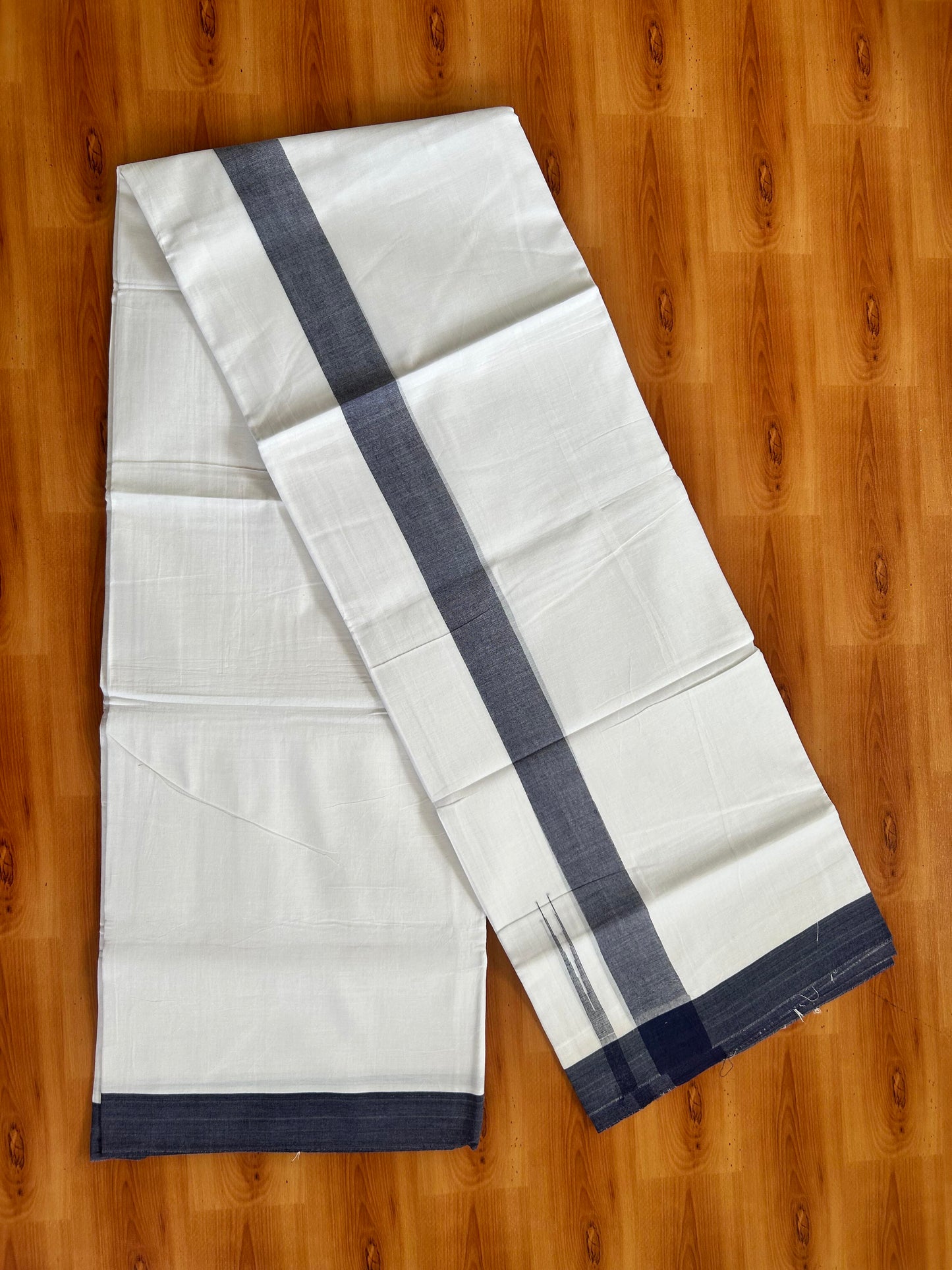 Double Pure White Mundu/Dhoti - 20% Discount !! KaithariKada Balaramapuram 100% Cotton - 100x80 - 1.5 inch Navy Blue Puliyilakkara Chutty Kara 3.90 mtr (8 muzham) - 3 KK5443 VAS