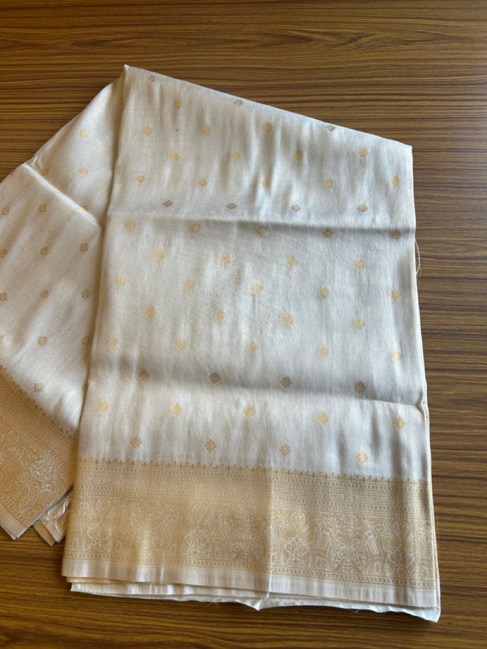 Kaitharikada Traditional Kerala Saree - Kasav Tissue - 18.5 inch Kasavu Kara Gold Flower Embroidery - 5KK1000KAN