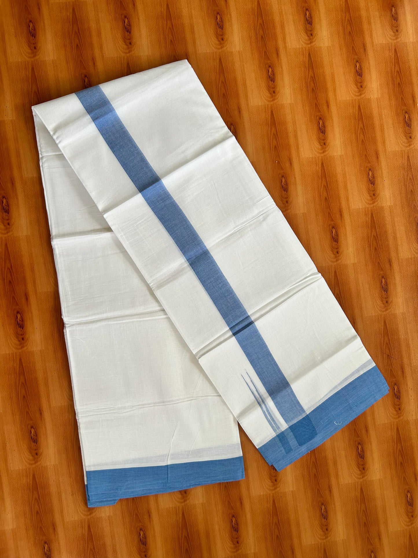 Double Pure White Mundu/Dhoti - 20% Discount !! KaithariKada Balaramapuram 100% Cotton - 100x80 - 1.5 inch Blue Puliyilakkara Chutty Kara 3.90 mtr (8 muzham) - 6 KK5443 VAS