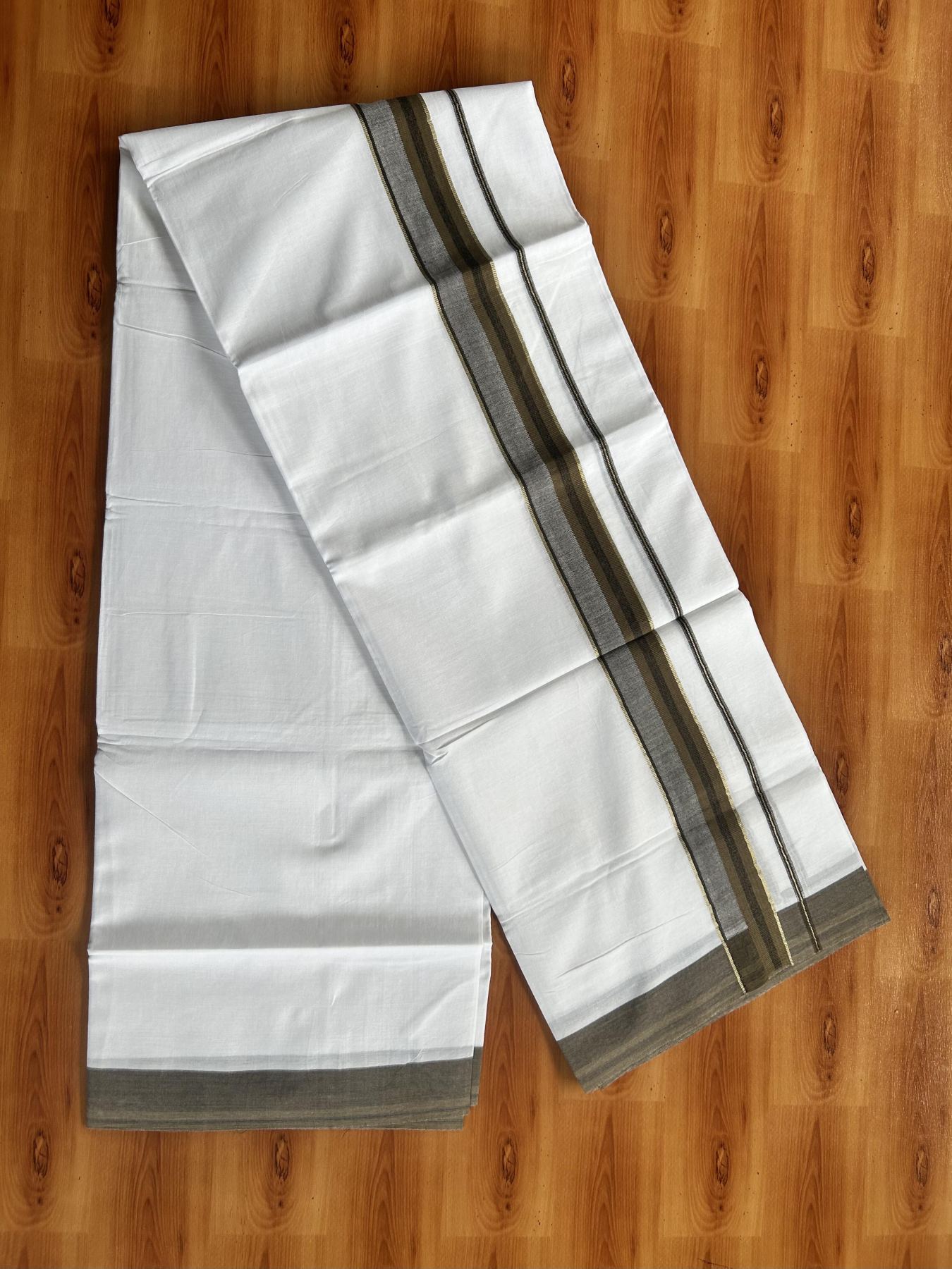 Double 20% Discount ! KaithariKada Balaramapuram 100% Cotton - 100x80 - 1.5 inch Silver Kasav & Brown & Black Shaded Striped Kara 3.90 Mtr (8 muzham) - 35 KK5444 VIN